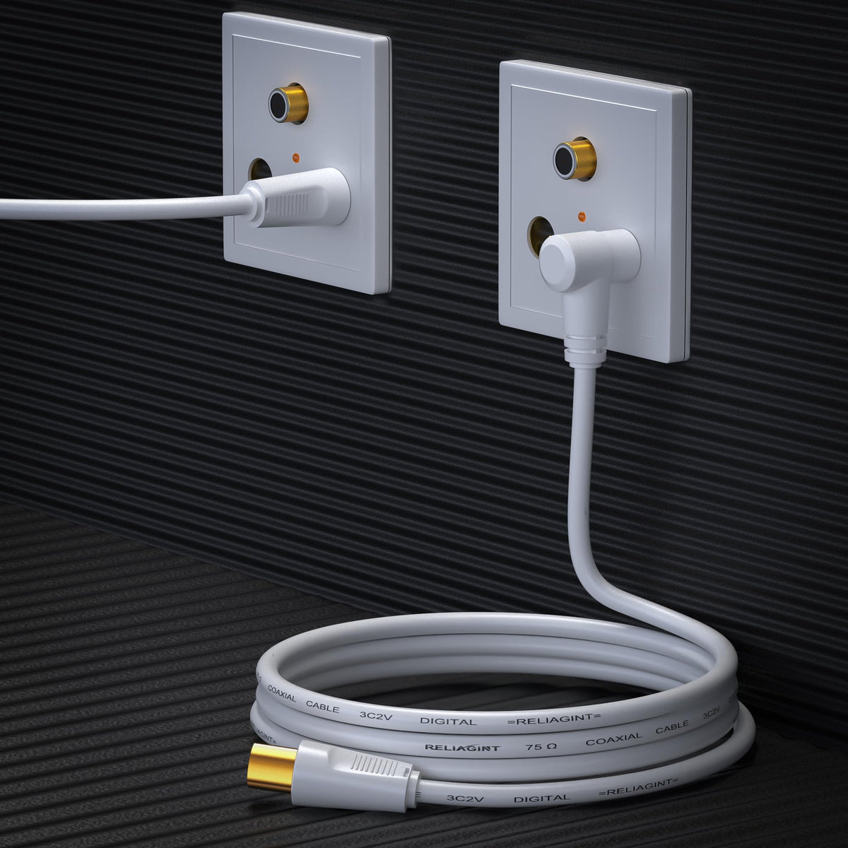 TV Aerial Cable 0.5m, 75 Ohm Coaxial Lead, IEC 9.5mm Male to Male 3C2V Pure Copper Dual Shielded, Right-Angle Connector, Female to Female Adaptor Included, Black