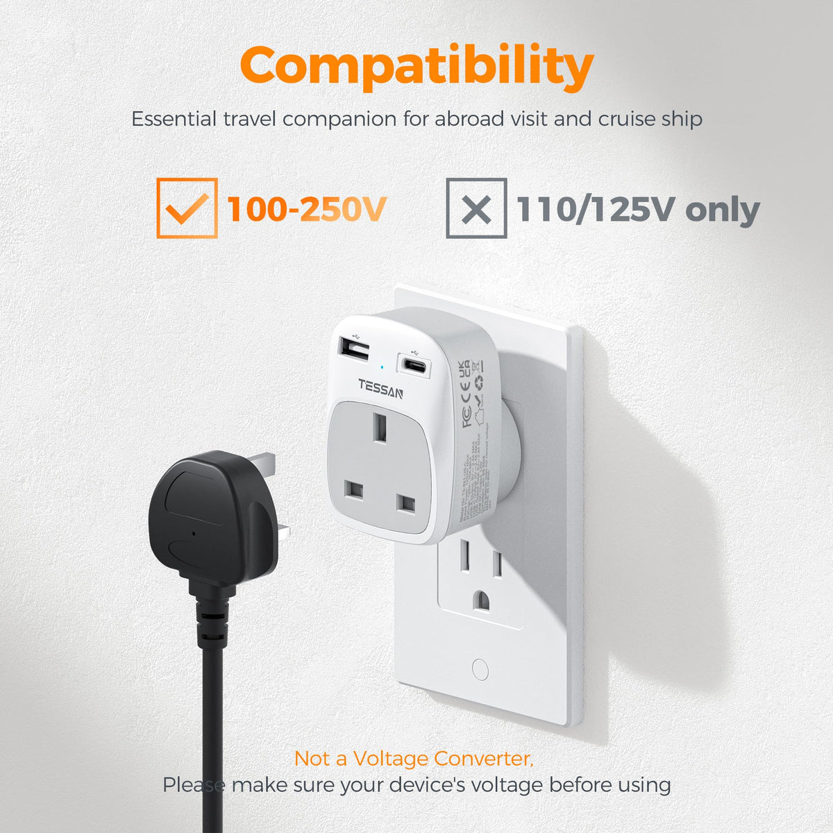 TESSAN UK to South Africa Plug Adapter, Type M Travel Adapter with USB C
