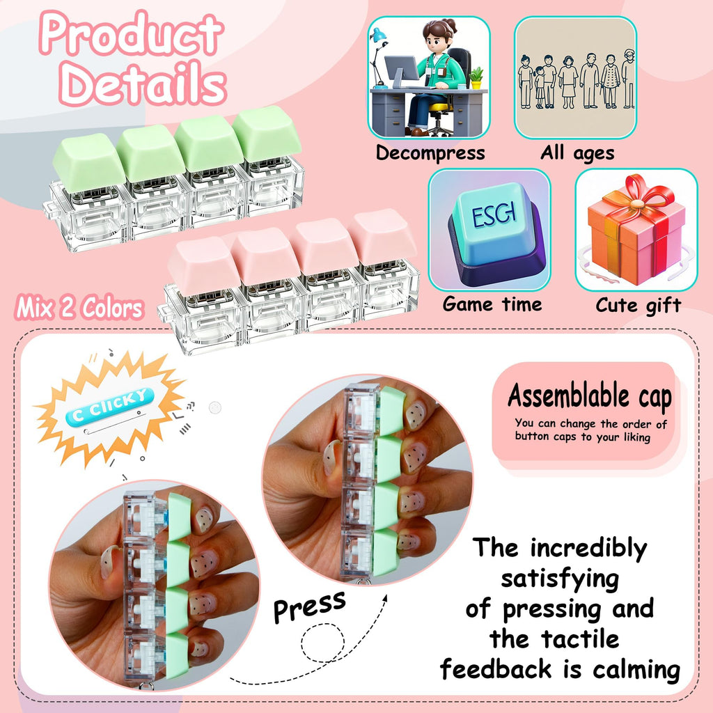 2 PCS Keyboard Fidget Toy, Keyboard Fidget Keychain 4-in-1 Keyboard Decompression Button Finger Clicker Toys (Pink Yellow White Green, General)