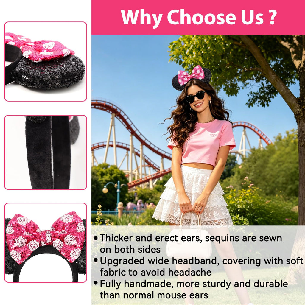 UNSPAZ Mouse Ears Headbands, Sequin Mouse Ears for Women Girls Boys, Shiny Bow Headband for Cosplay Costume Party Decorations Hair Accessories (Polka Dots)