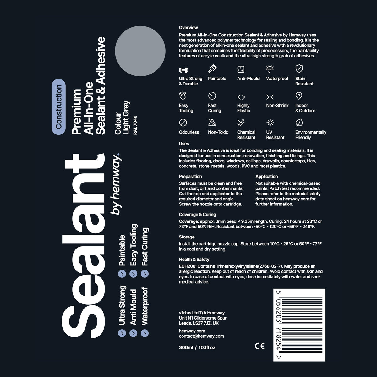 Hemway Kitchen & Bathroom Jet Black Sealant & Adhesive 300ml 1 Pack