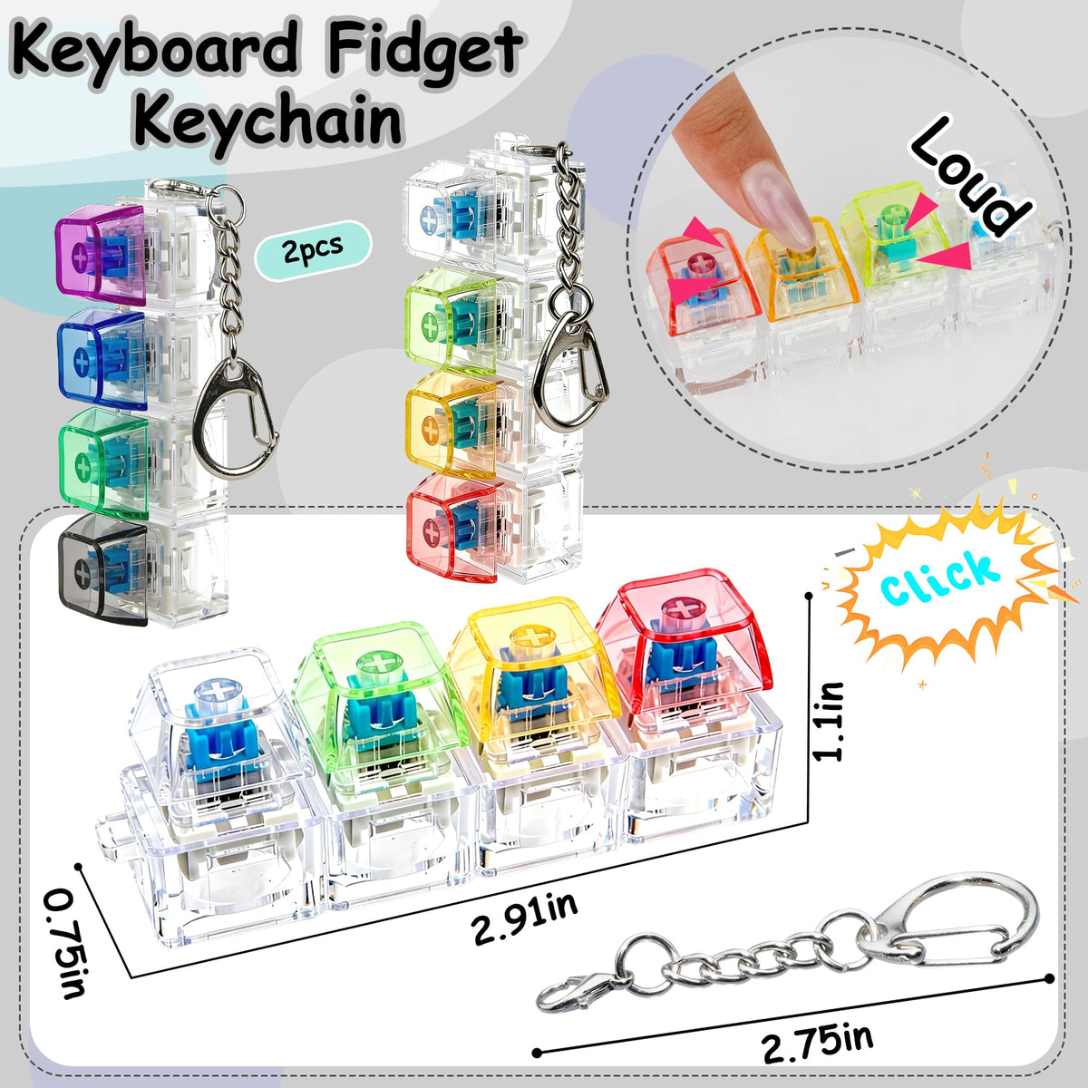 2 PCS Keyboard Fidget Toy, Keyboard Fidget Keychain 4-in-1 Keyboard Decompression Button Finger Clicker Toys (Pink Yellow White Green, General)