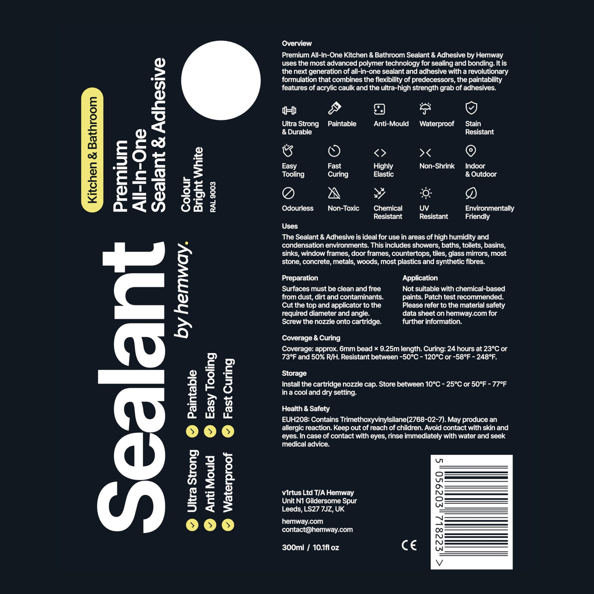 Hemway Kitchen & Bathroom Jet Black Sealant & Adhesive 300ml 1 Pack