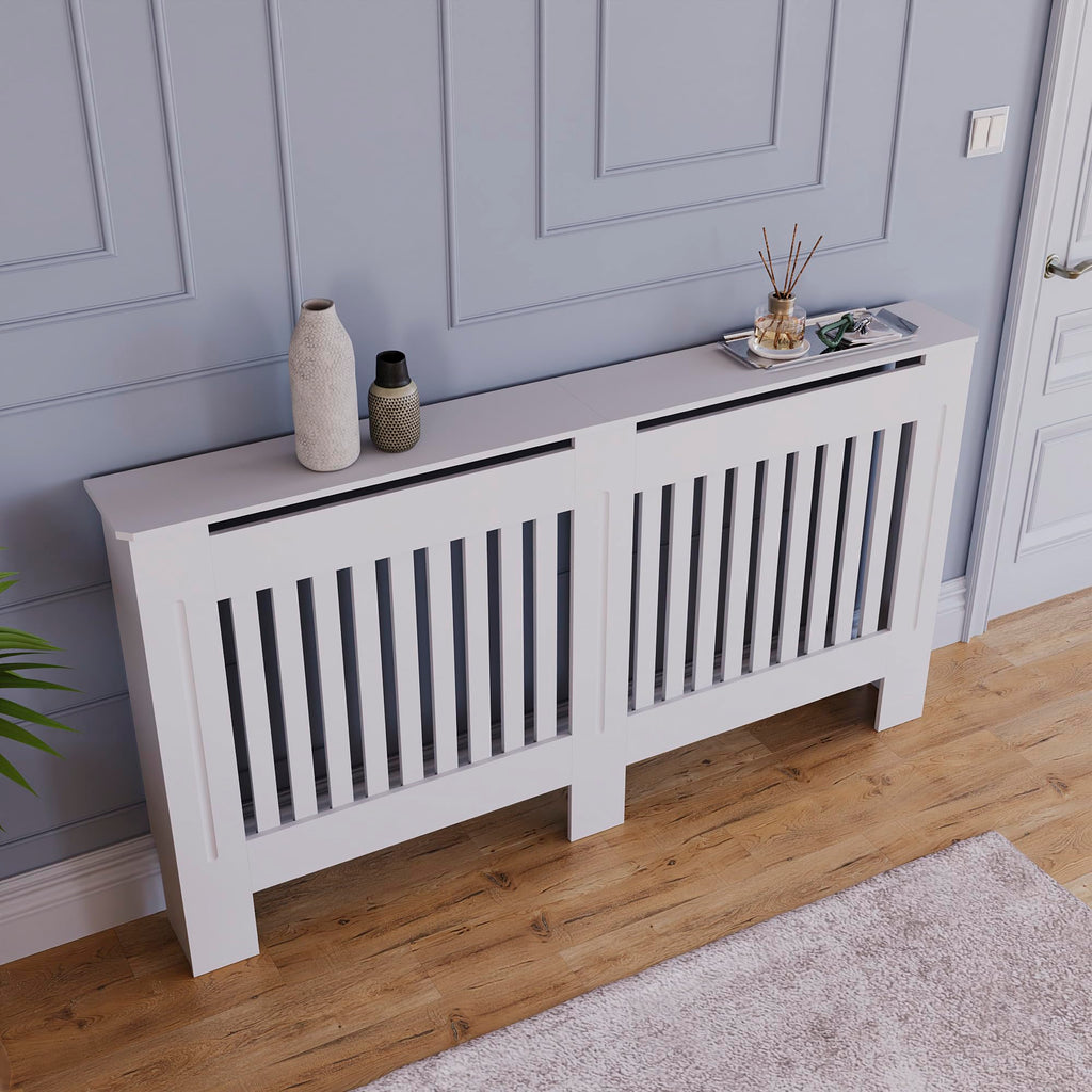 Vida Designs Chelsea Radiator Cover White - Medium - Modern Vertical Slat Design For Optimal Heat Circulation - H82xW111xD19cm - Painted MDF Cabinet Ideal For Living Room & Hallway