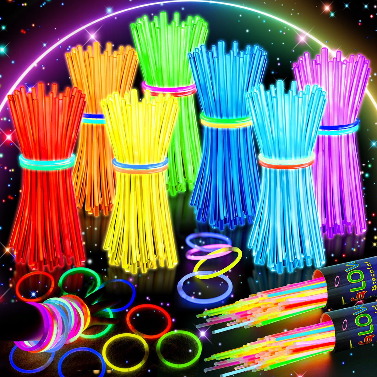 HONLYNE 100 Pack Glow Sticks Party Favors Bulk, 8" Glow in the Dark Party Supplies, Party Favors for Kids 8-12, Neon Glow Stick Bracelets & Necklaces for Raves, Halloween, Christmas, Birthdays