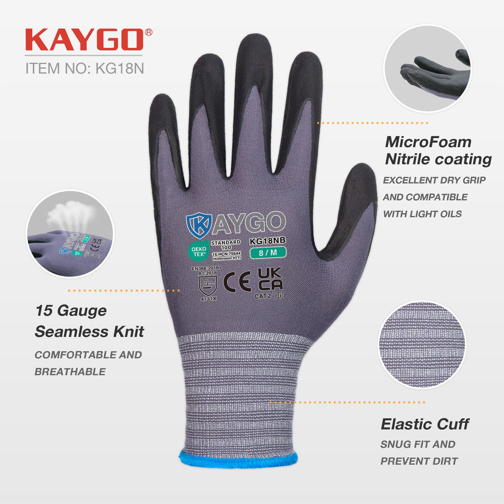 KAYGO Safety Work Gloves MicroFoam Nitrile Coated 12 Pairs, KG18NH