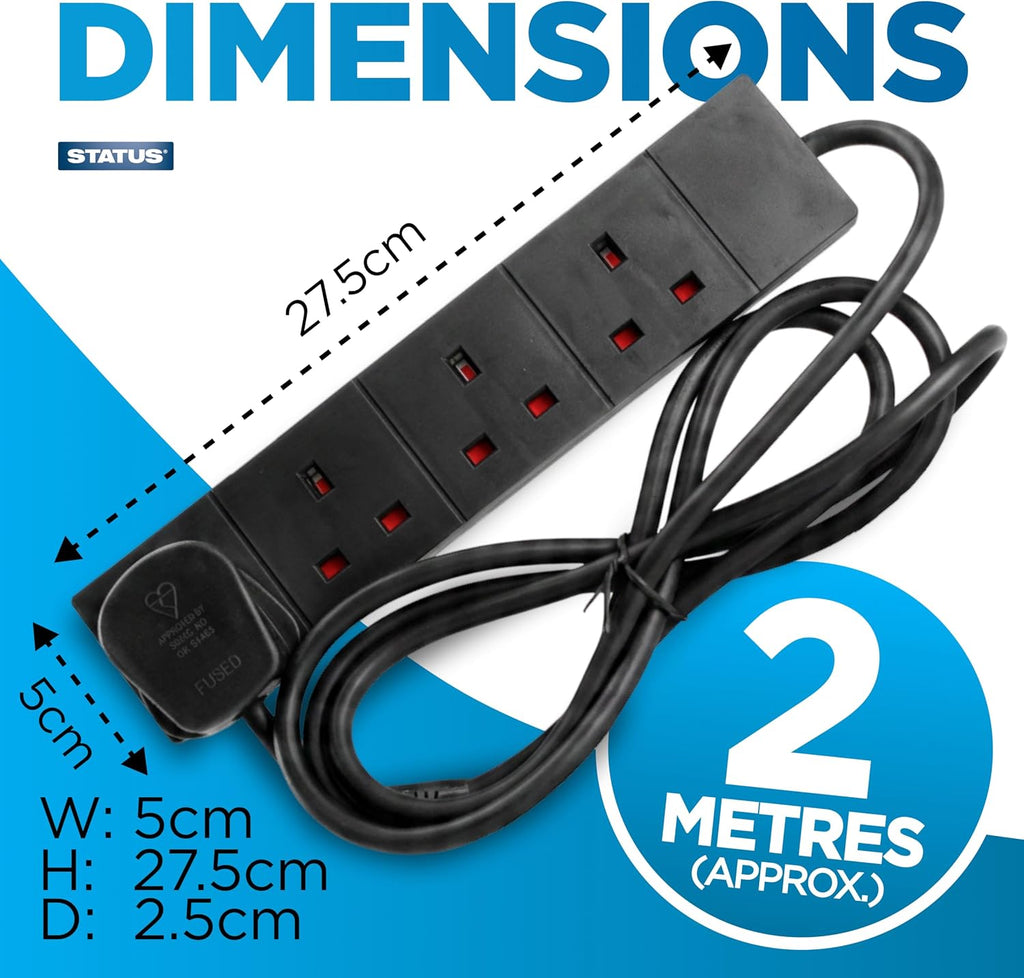 STATUS 4 Socket Extension Lead, 2m Black 13A Power Strip for Home or Office Use (S4W2MBL1PK4)