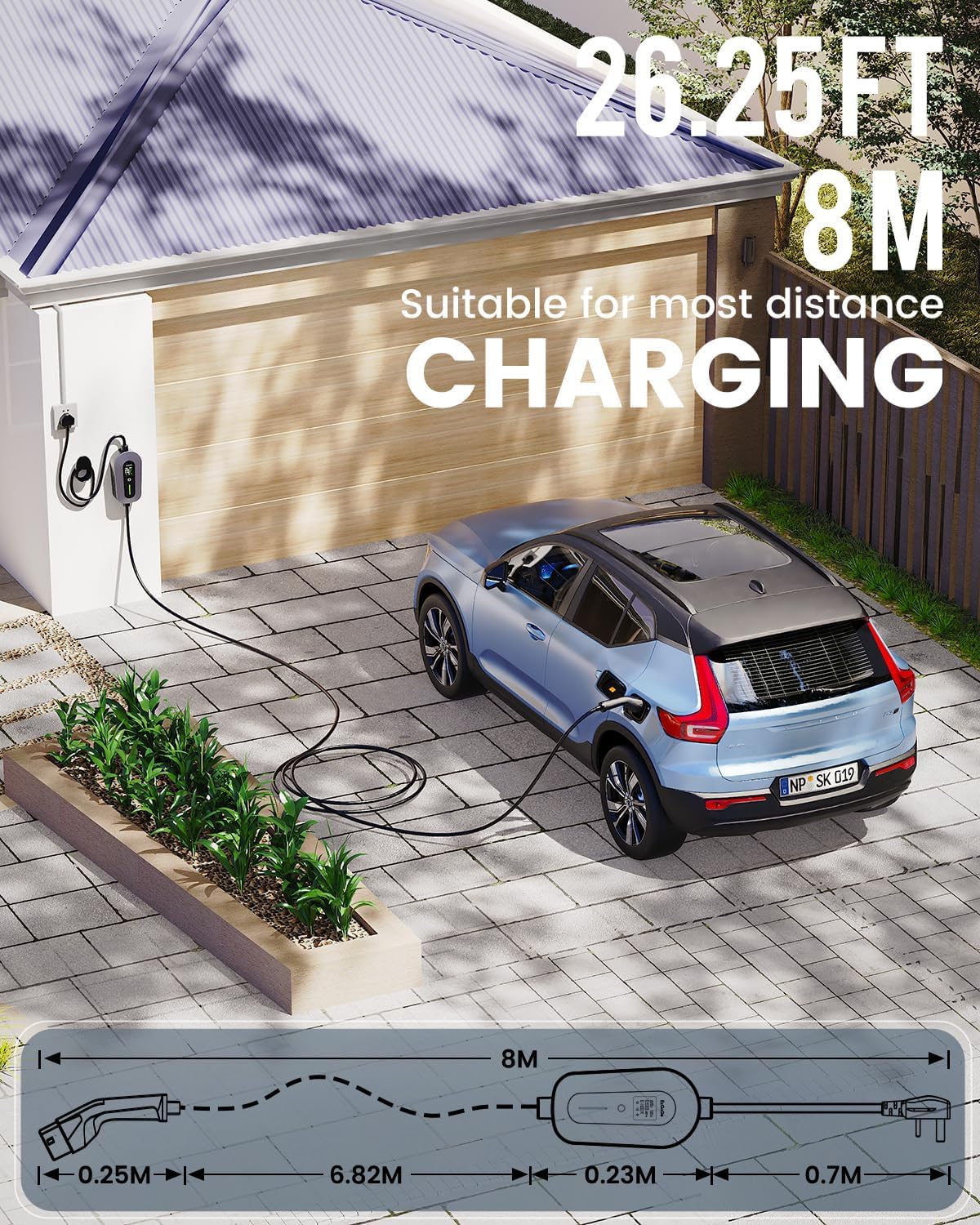 EzGoGo EV Charger 3 Pin Plug 32.81Ft/10M 3kW 6-13A Type 2 Charging Cable