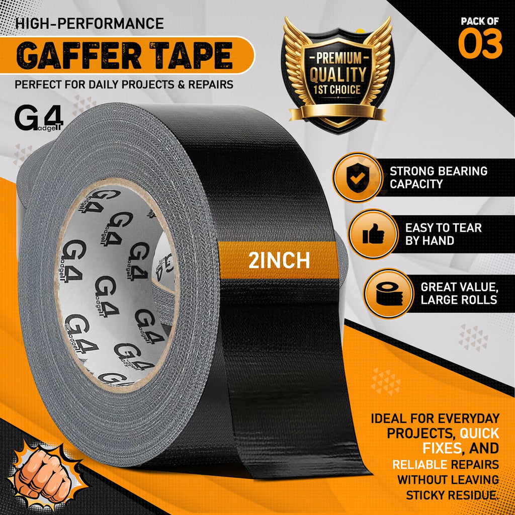 G4GADGET Gaffer Tape Black - 48mm x 45m (1 Roll) - Heavy Duty Duct Tape, Waterproof Adhesive Cloth Tape, Tear-Resistant and Multi-Purpose for Indoor Outdoor Use