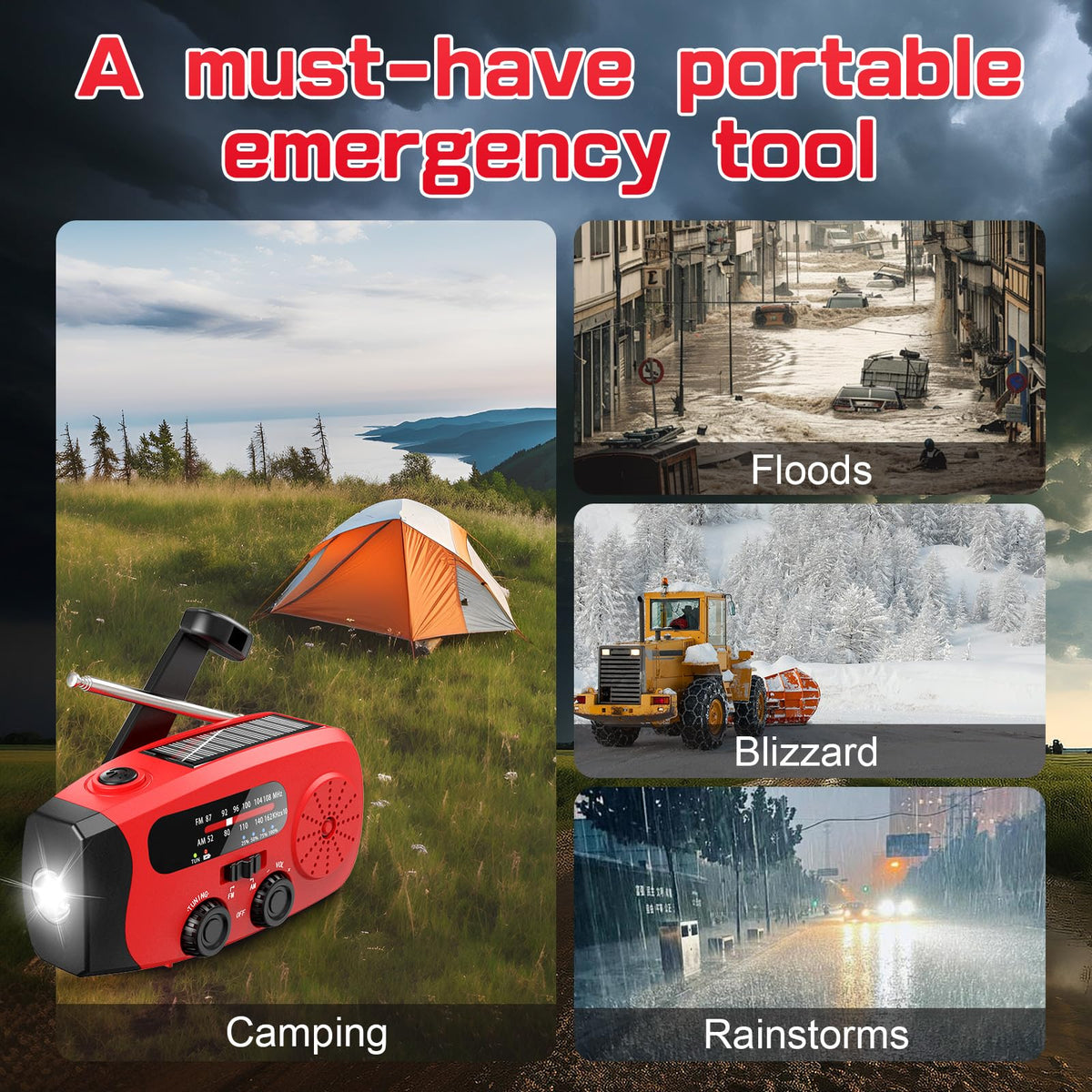 Wind Up Radio, Solar Emergency Radio, Portable Hand Crank Radio, AM/FM Radio with LED Torch, 2000mAh Rechargeable Power Bank, SOS Alarm, USB Phone Charger, Emergency for Camping Hiking (Light Orange)
