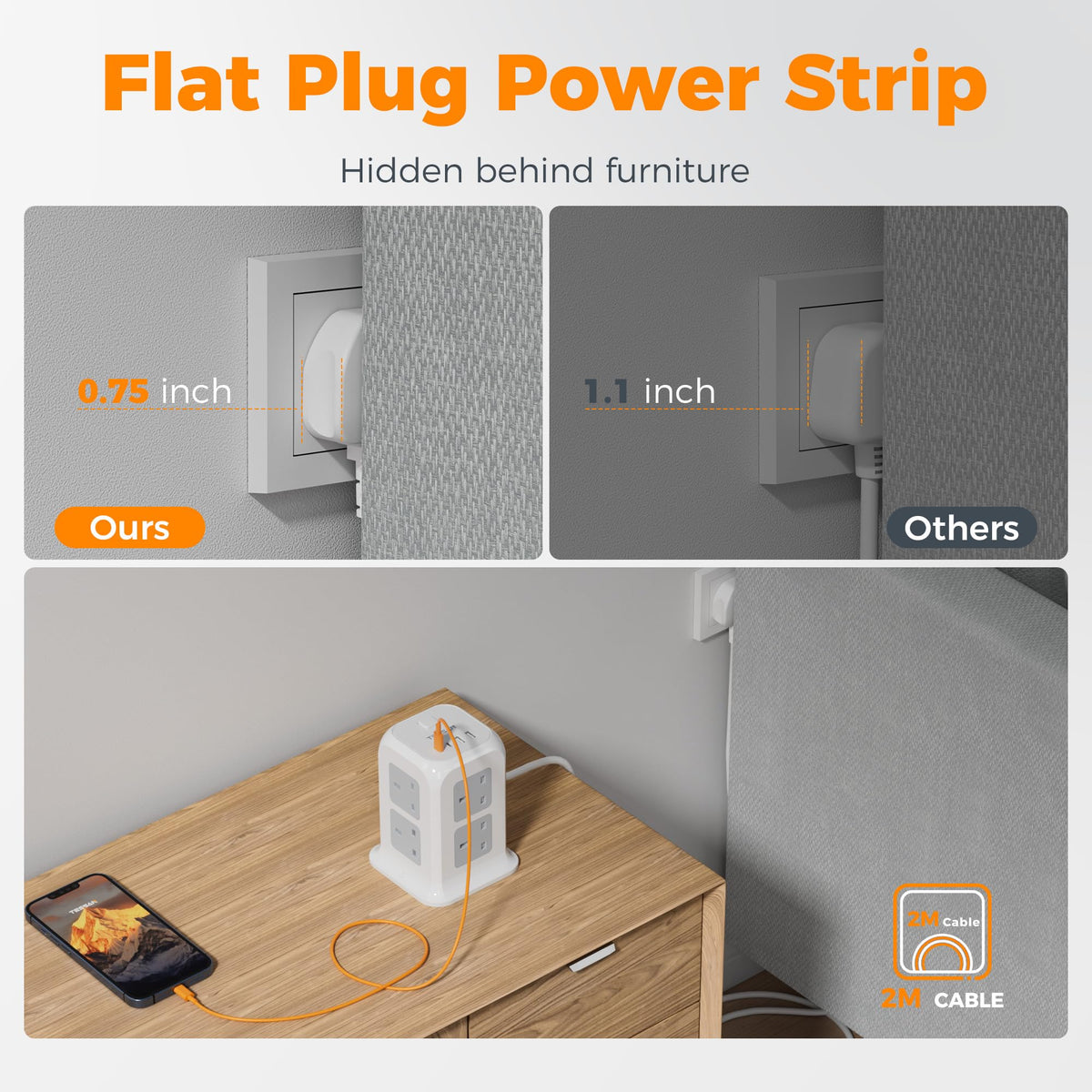 TESSAN 8 Way Black Tower Extension Lead 2M with 4 USB Slots (2 USB C)