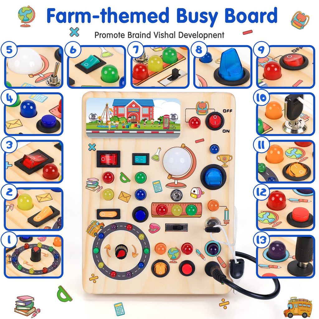 Busy Board with LED Light Switches, Montessori Toys for 1 2 3 Years Old, Toddlers Wooden Toy Sensory Activity Board, Travel Toys for 1+ Year Old Boy & Girl Birthday Gift