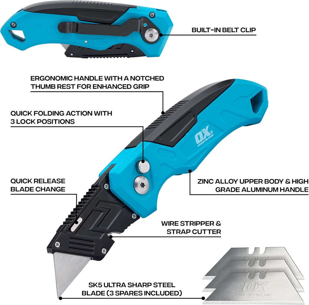 OX TOOLS P224301 Pro Heavy Duty Fixed Blade Folding Knife, Blue / Black