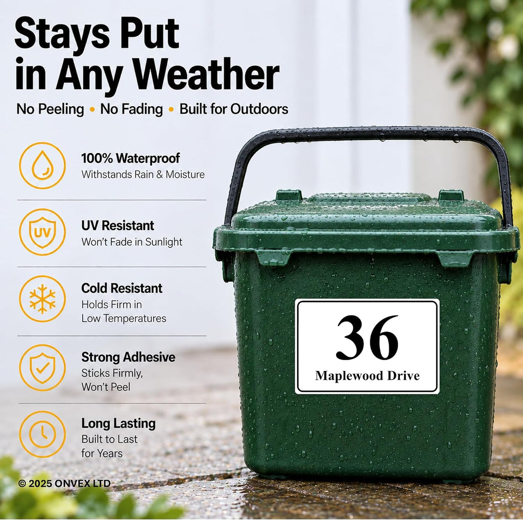 Set of 4 Personalised Wheelie Bin Stickers, Custom Bin Number Stickers with House Number and Street Name, Waterproof Labels for Rubbish and Recycling Bins, Easy Apply, 100 x 150mm (Style - Classic)