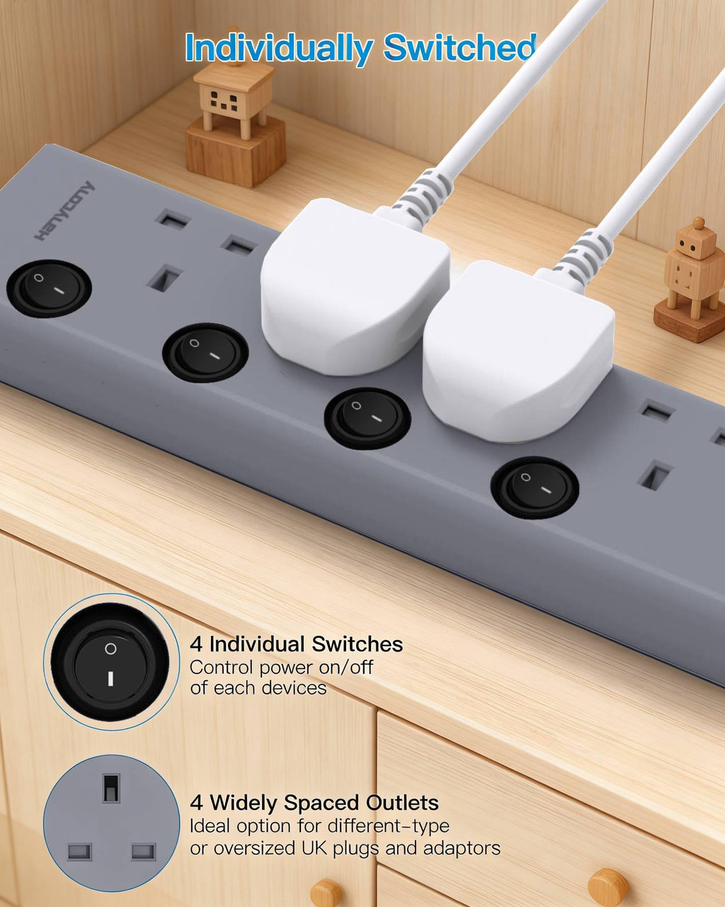Extension Lead with USB Slots(2 USB C), 4 Way Plug Extension Socket, 1.8M