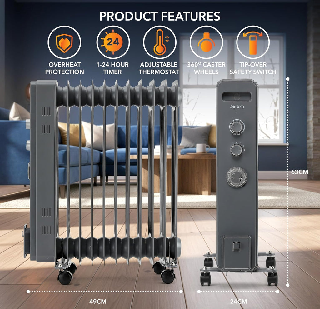 Air Pro Oil Filled Radiator 2500W with Thermostat & 24h Timer – 11 Fin Portable Electric Heater 3 Heat Settings, Overheat & Tip-Over Protection, Quiet for Home, Office and Any Room Radiator on Wheels