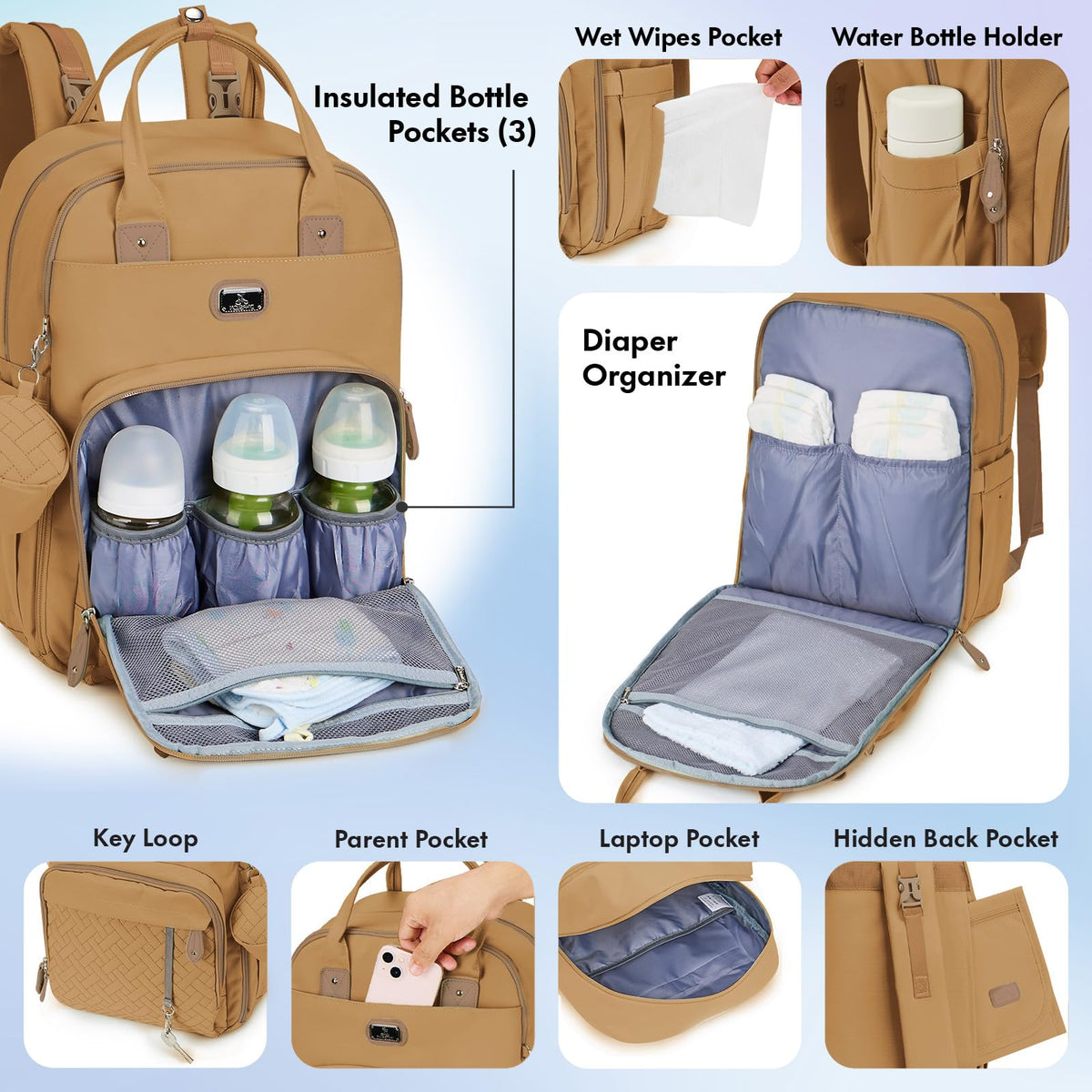 Dikaslon Baby Changing Bag Backpack, Large Nappy Back Pack Multifunction Baby Bags with Portable Changing Mat, Pacifier Holder, and Stroller Straps, for Mom and Dad