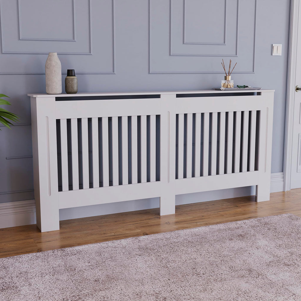 Vida Designs Chelsea Radiator Cover White - Medium - Modern Vertical Slat Design For Optimal Heat Circulation - H82xW111xD19cm - Painted MDF Cabinet Ideal For Living Room & Hallway