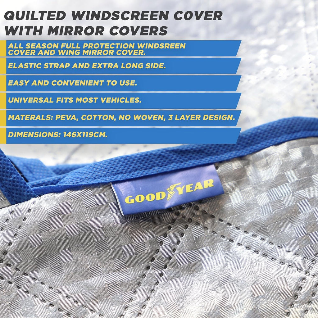 Goodyear Quilted Car Windscreen Cover | Wing Mirror Covers | Heavy Duty Windproof | Protect from Sun Shade Snow Frost Freezing Windshield | Universal Fit
