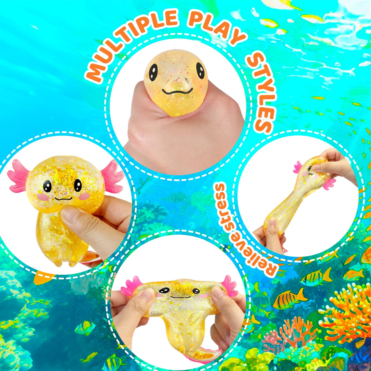 Axolotl Squishy Stress Relief Toy Glitter Fidget Toys Cute Malt Sugar Axolotl Toy Fidget Toys for Kids Youth Adult, Party Favors Anxiety Relief Squishy Toys(Blue)