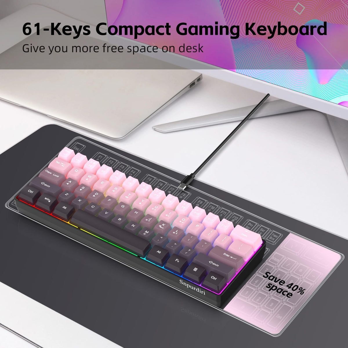 Snpurdiri 2.4G 60% Wireless Gaming Keyboard and Mouse Combo (White-Grey)