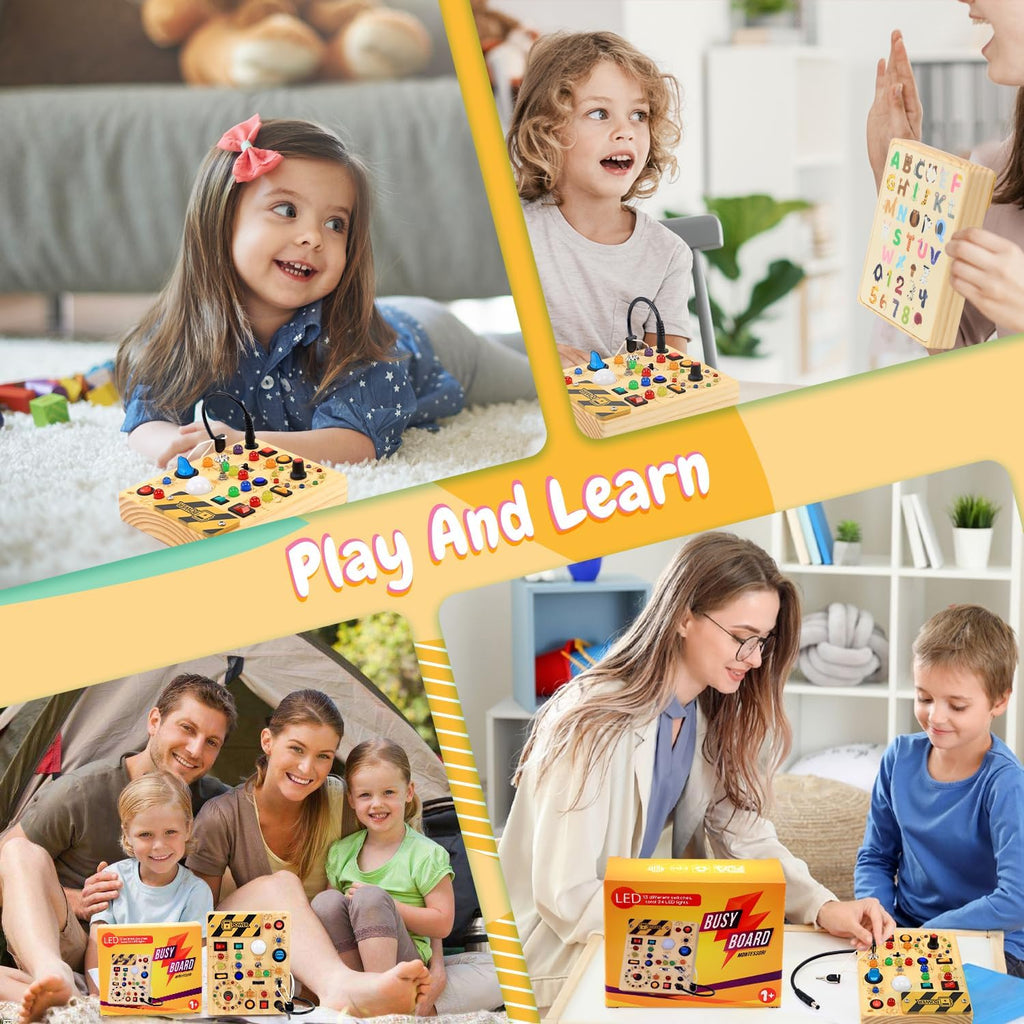 Busy Board with LED Light Switches, Montessori Toys for 1 2 3 Years Old, Toddlers Wooden Toy Sensory Activity Board, Travel Toys for 1+ Year Old Boy & Girl Birthday Gift