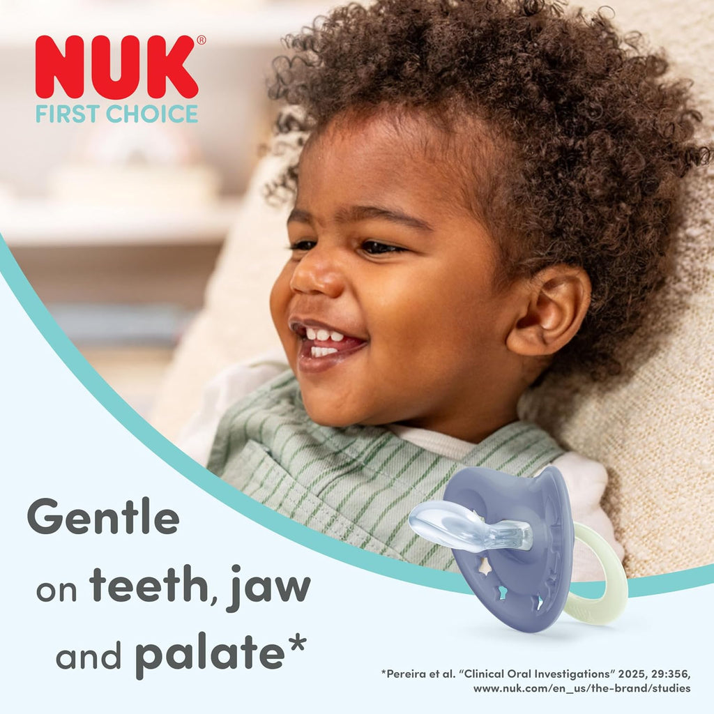 NUK First Choice Classic Night Baby Dummies | 0-6 Months | Orthodontic Soothers that Glow in the Dark | 95% Baby Acceptance** | Blue | 2 Count