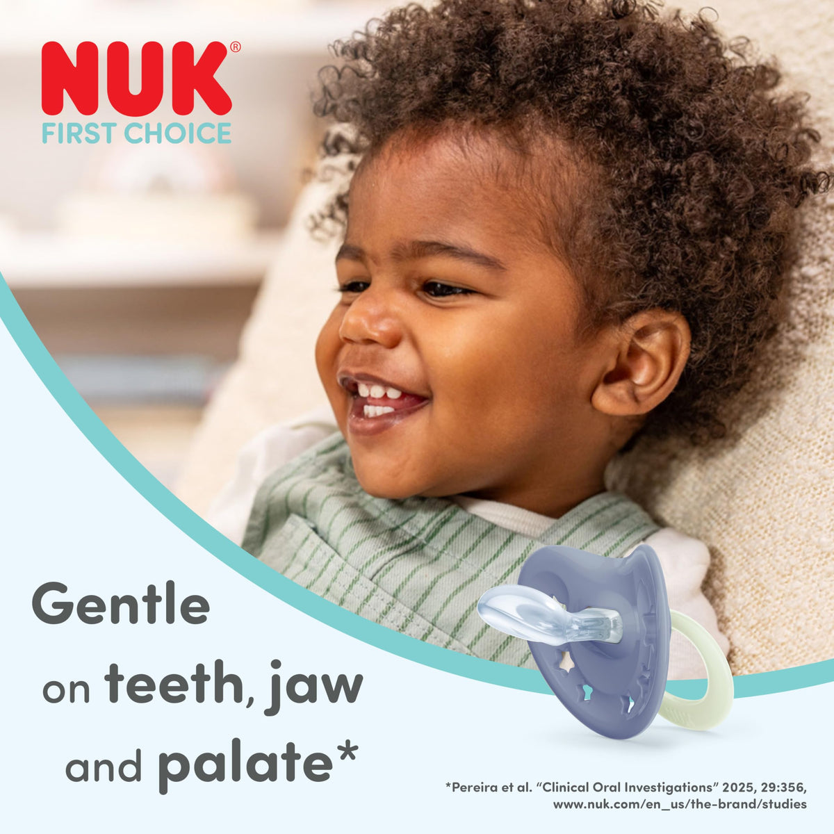 NUK First Choice Classic Night Baby Dummies | 0-6 Months | Orthodontic Soothers that Glow in the Dark | 95% Baby Acceptance** | Blue | 2 Count