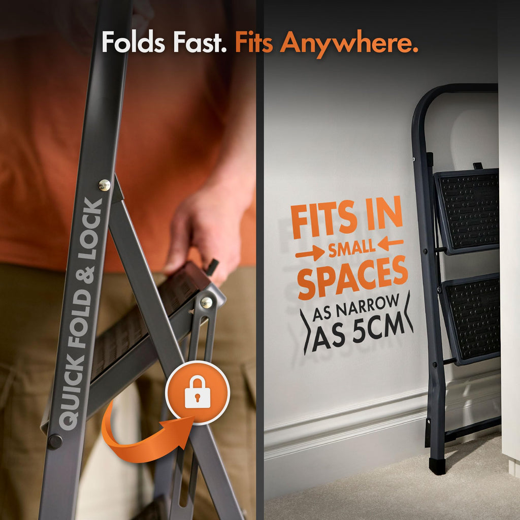 VonHaus 3 Step Ladder – Premium Quality Folding Step Ladder for DIY and Gardening - Anti Slip Feet, Easy to Store Ladder, 150KG Max Capacity - Durable Steel