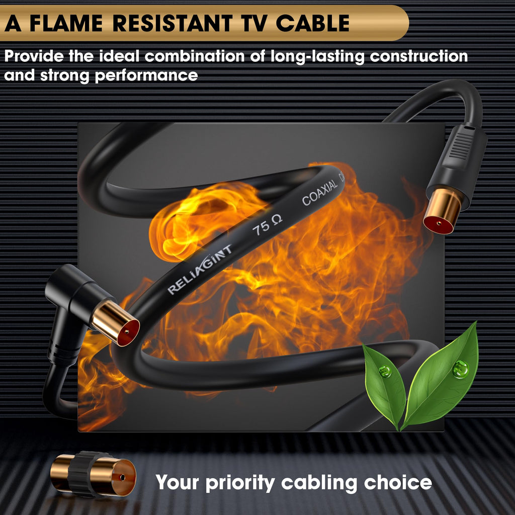 TV Aerial Cable 0.5m, 75 Ohm Coaxial Lead, IEC 9.5mm Male to Male 3C2V Pure Copper Dual Shielded, Right-Angle Connector, Female to Female Adaptor Included, Black