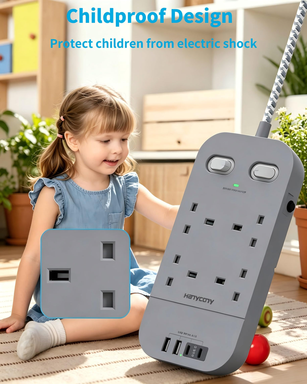Extension Lead 5M, 4 Way Surge Protected Power Strip with USB C Slots