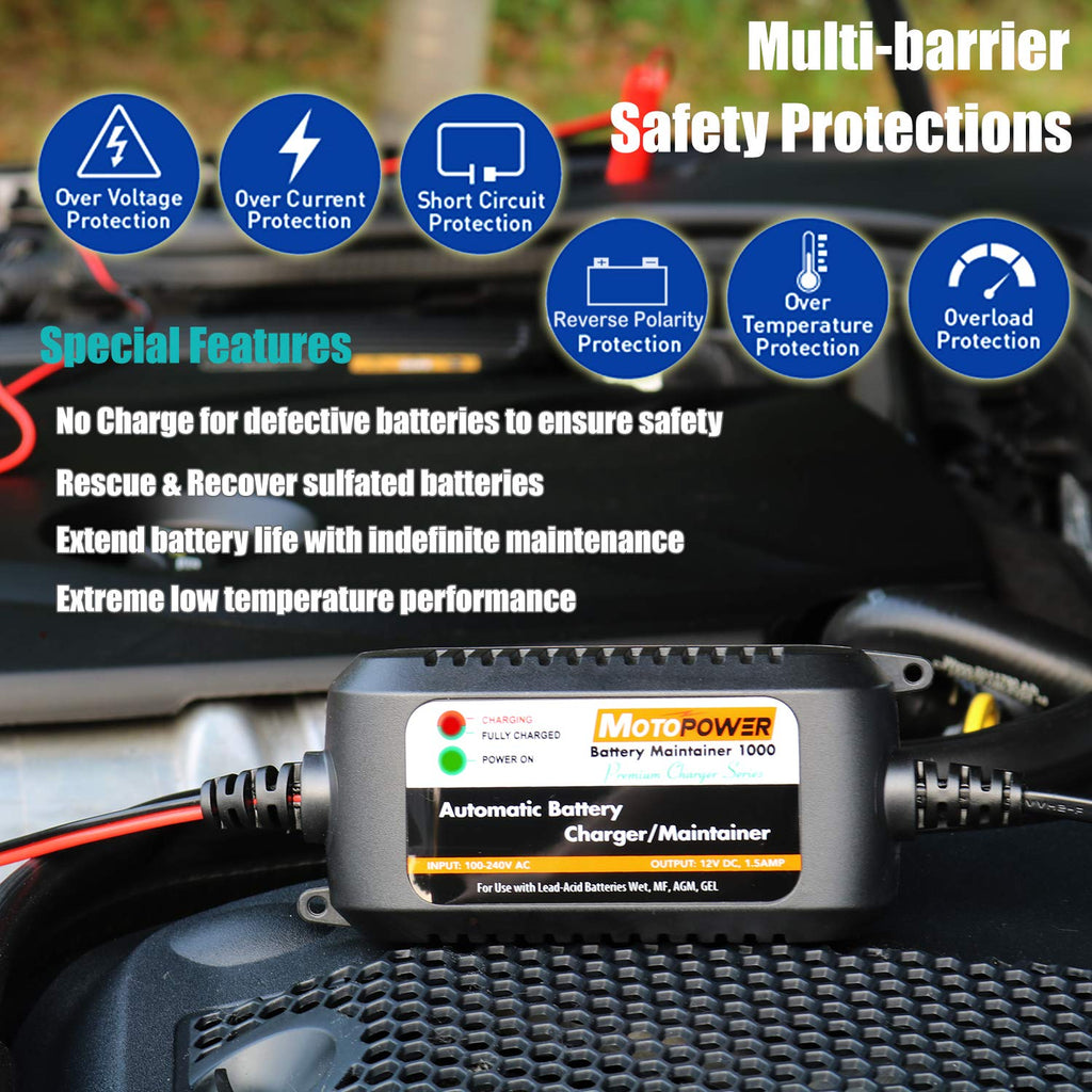 MOTOPOWER MP00205A 12V 800mA Fully Automatic Battery Charger/Maintainer - UK Plug