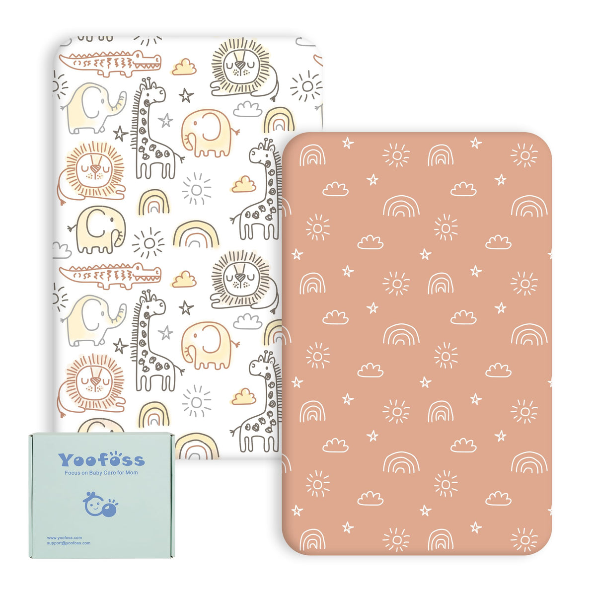 Yoofoss Travel Cot Fitted Sheets 65 x 95 cm, Compatible with Graco, Red Kite, Joie, Deryan Cots, Cozy Breathable Stretchy Microfiber Mattress Sheet, 2 Pack, Green Giraffes