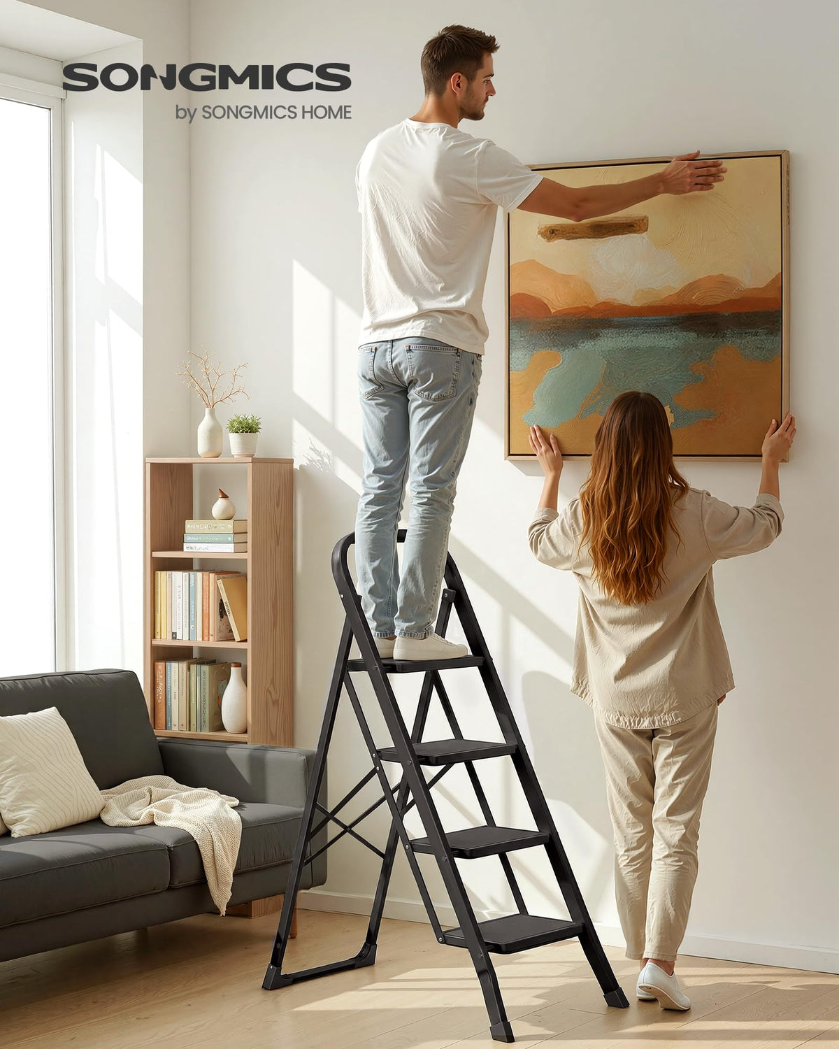SONGMICS 3-Step Ladder, Folding Step Ladder, Safety, Holds up to 150KG