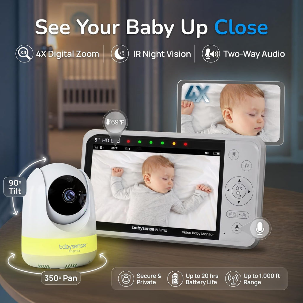 Babysense Prisma Baby Monitor with Camera and Night Vision, 5” HD Video Baby Monitor, 6-Color Night Light, Split Screen, Baby Sound Machine with White Noise & Lullabies, Secure No WiFi