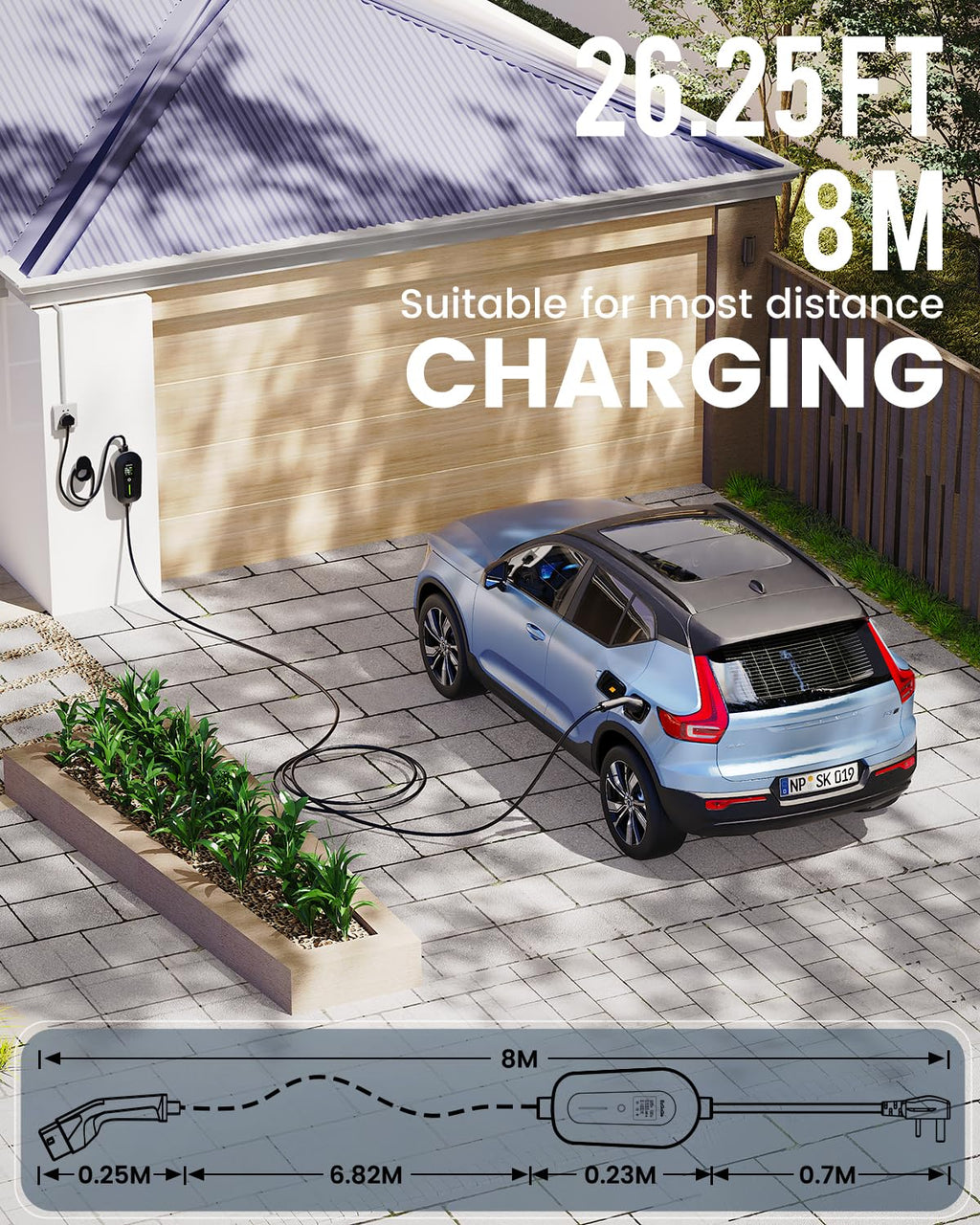 EzGoGo EV Charger 3 Pin Plug 32.81Ft/10M 3kW 6-13A Type 2 Charging Cable