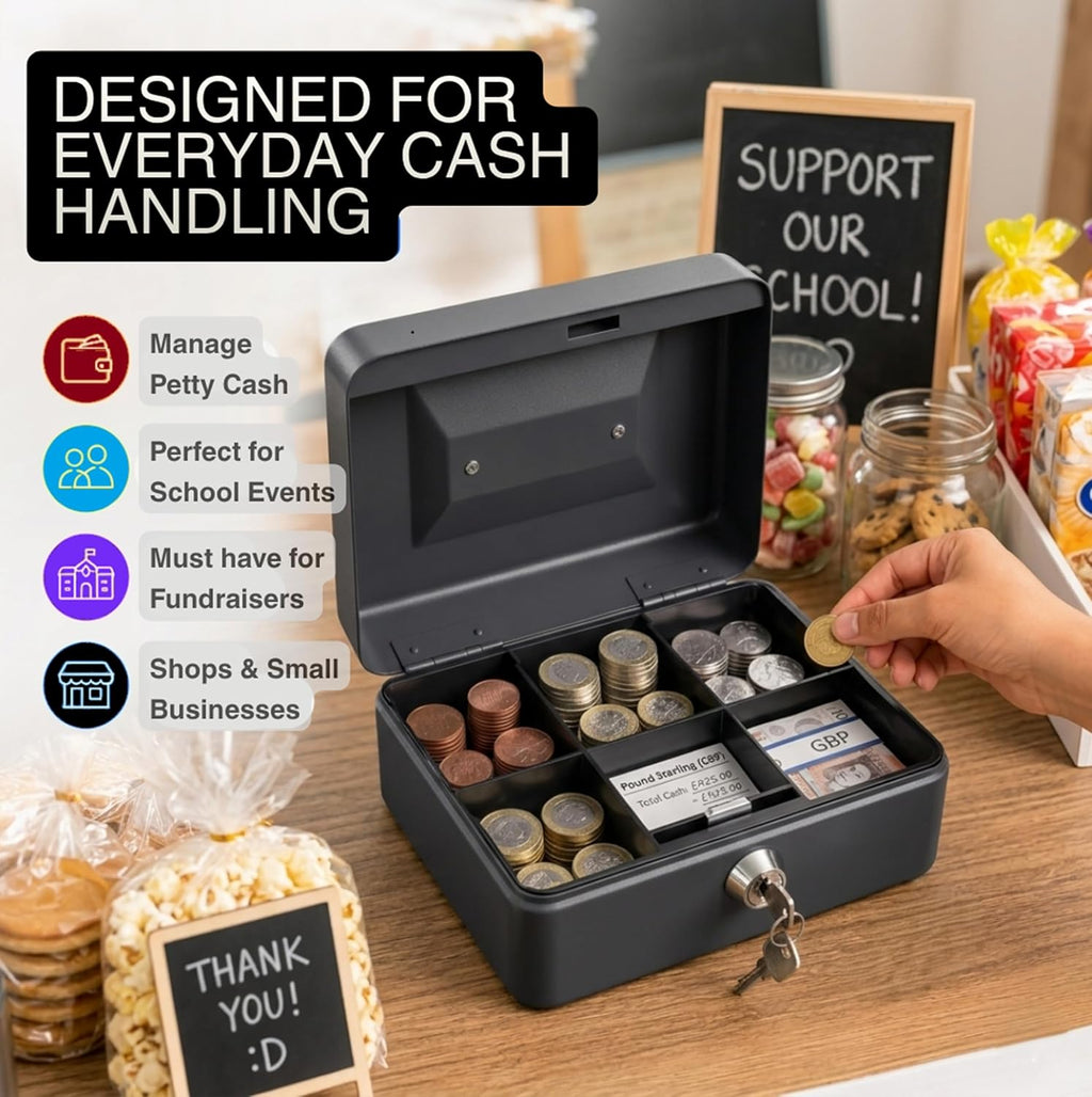 Requisite Needs Metal Money Box Tin 6" Steel Cash Safe Box Petty Cash Deposit Tin with Lock 2 Keys for Security (BLACK)