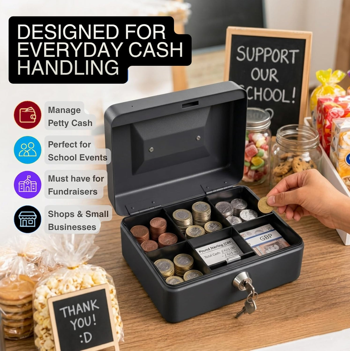Requisite Needs Metal Money Box Tin 6" Steel Cash Safe Box Petty Cash Deposit Tin with Lock 2 Keys for Security (BLACK)