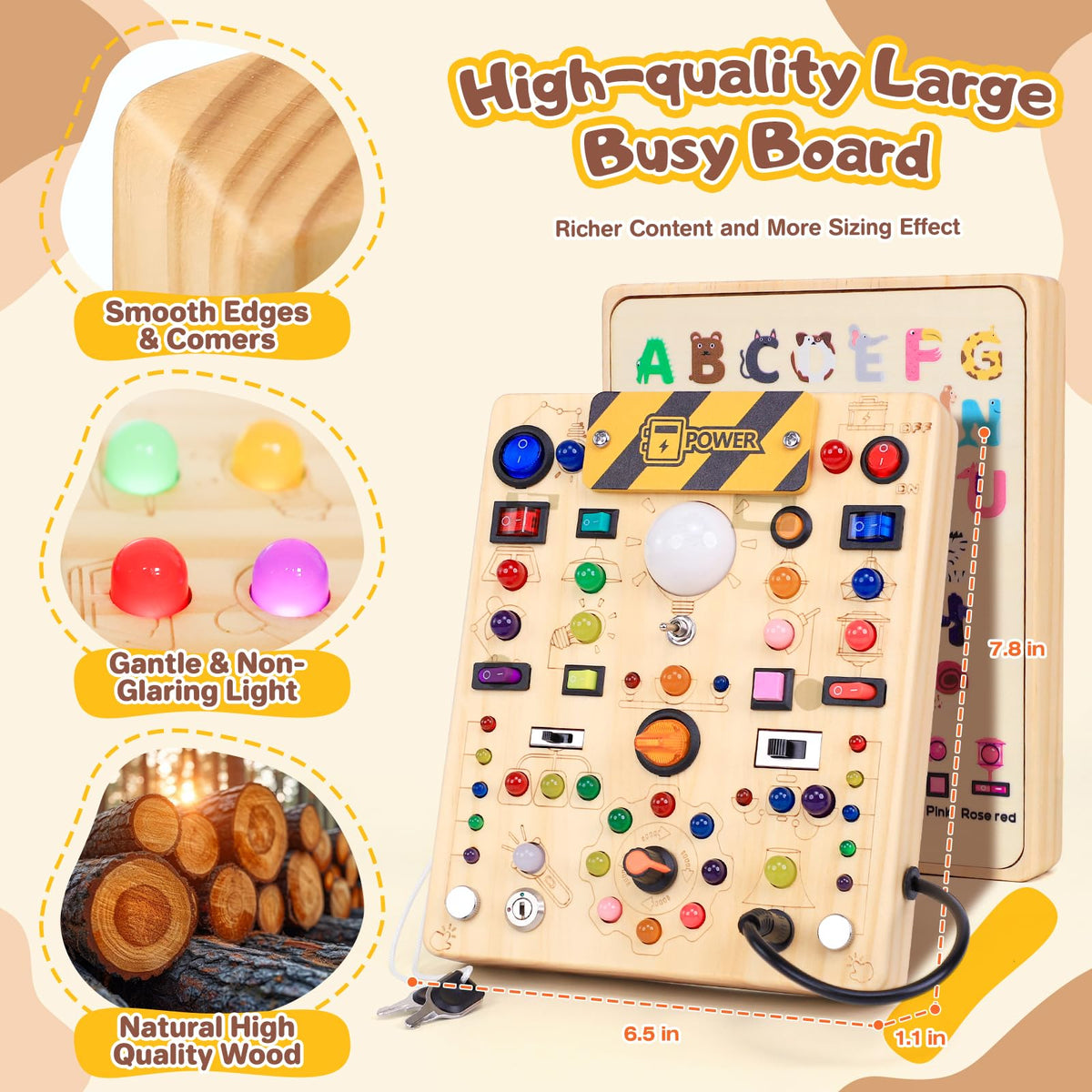 Busy Board with LED Light Switches, Montessori Toys for 1 2 3 Years Old, Toddlers Wooden Toy Sensory Activity Board, Travel Toys for 1+ Year Old Boy & Girl Birthday Gift