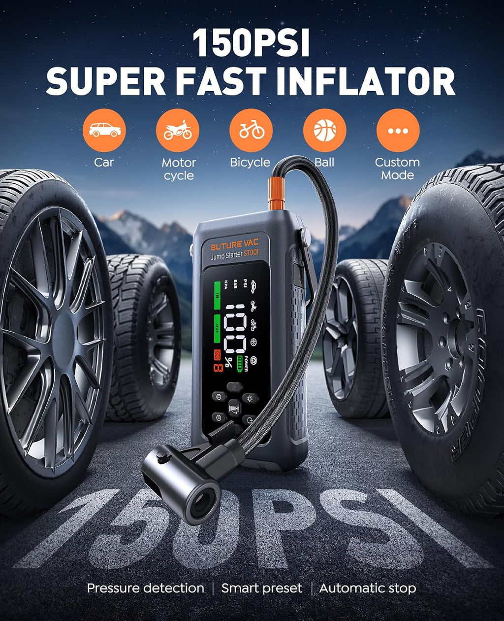 5000A Jump Starter Power Pack with 150PSI Air Compressor, Car Battery Booster Jump Starter for 12V Vehicle(Up to All Gas/9L Diesel), Jump Pack with Flashlight, Force Start, Gloves