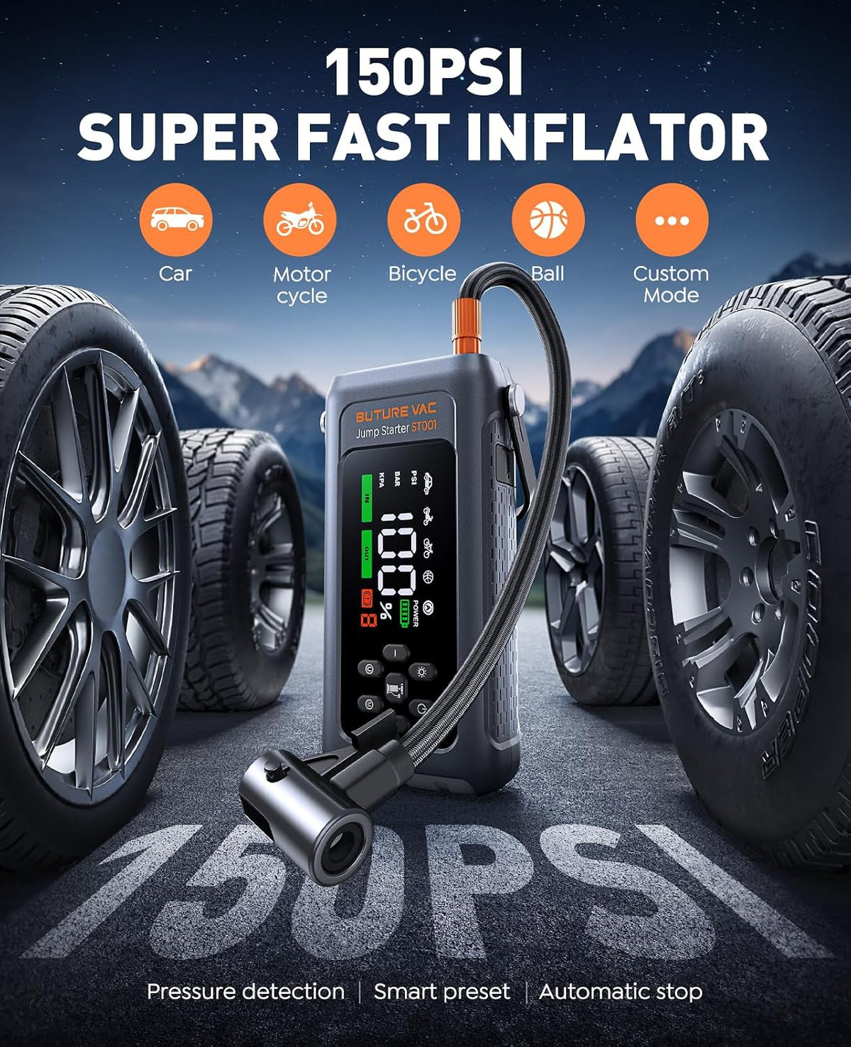 5000A Jump Starter Power Pack with 150PSI Air Compressor, Car Battery Booster Jump Starter for 12V Vehicle(Up to All Gas/9L Diesel), Jump Pack with Flashlight, Force Start, Gloves