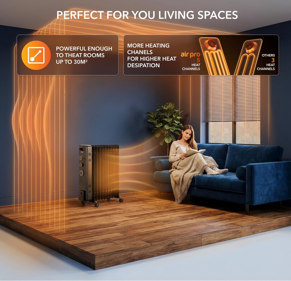 Air Pro Oil Filled Radiator 2500W with Thermostat & 24h Timer – 11 Fin Portable Electric Heater 3 Heat Settings, Overheat & Tip-Over Protection, Quiet for Home, Office and Any Room Radiator on Wheels