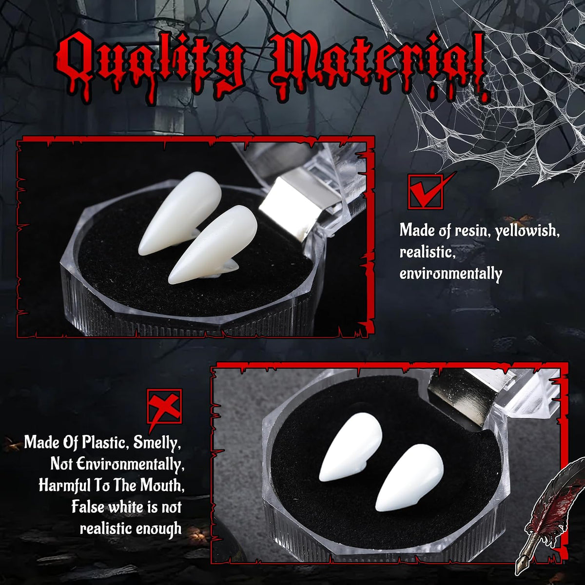 VANERIA 4 Pairs Vampire Fangs,4 Size Fangs For Cosplay Halloween with Tube Solid Adhesive,Vampire Coffin Gift Box Design,Vegan/Cruelty Free
