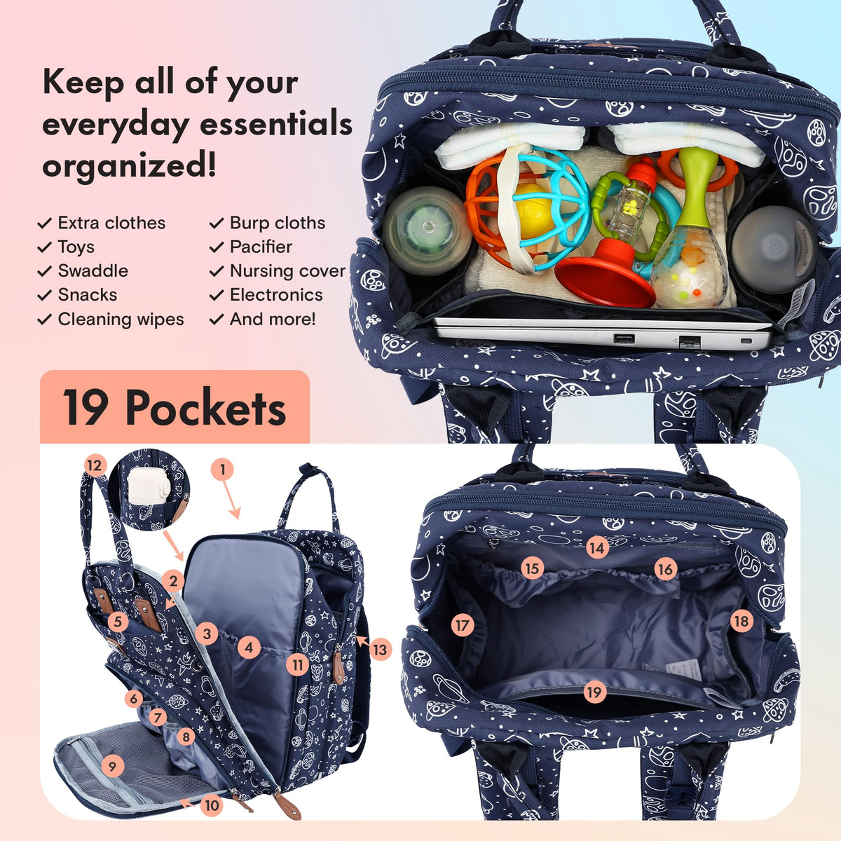 Dikaslon Baby Changing Bag Backpack, Large Nappy Back Pack Multifunction Baby Bags with Portable Changing Mat, Pacifier Holder, and Stroller Straps, for Mom and Dad