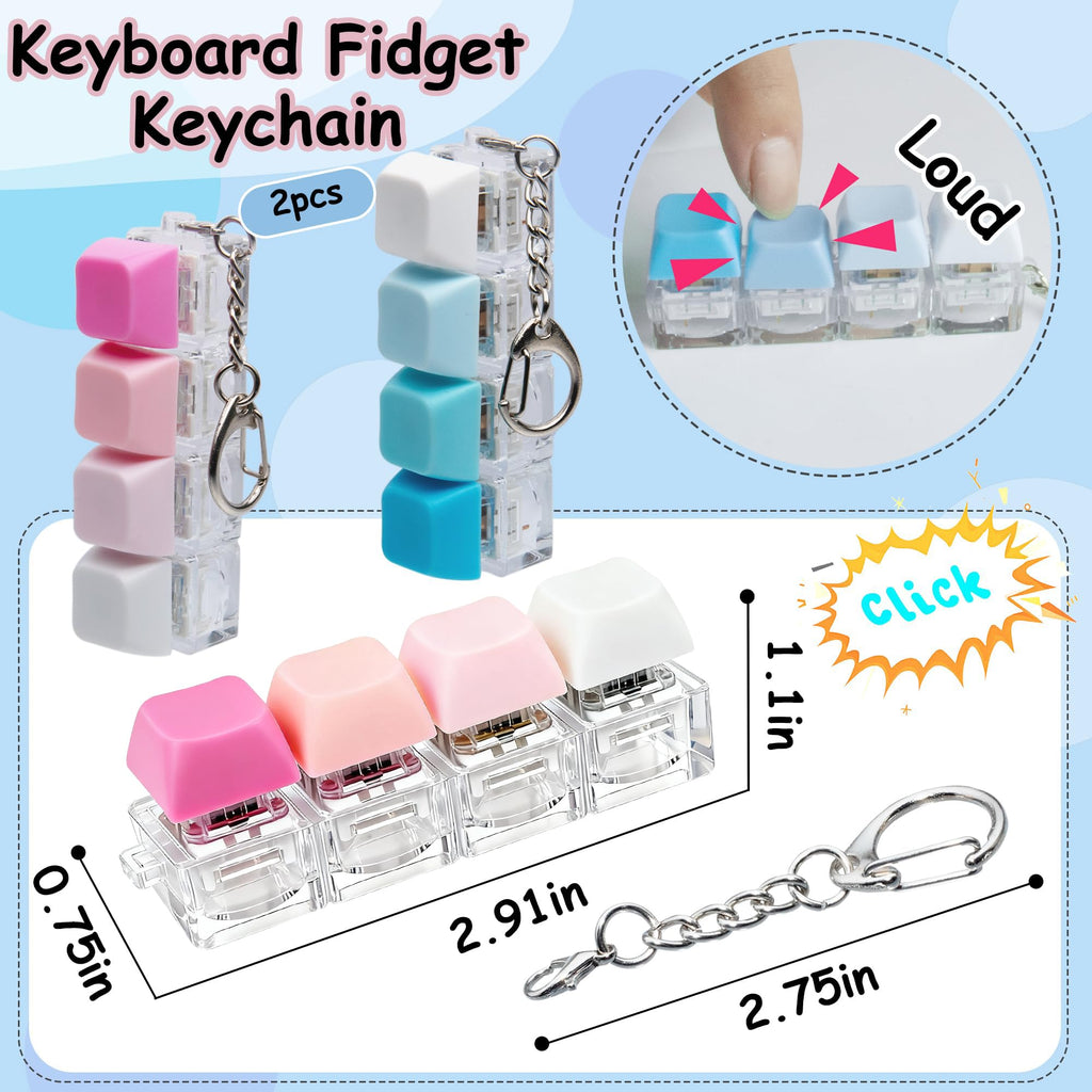 2 PCS Keyboard Fidget Toy, Keyboard Fidget Keychain 4-in-1 Keyboard Decompression Button Finger Clicker Toys (Pink Yellow White Green, General)