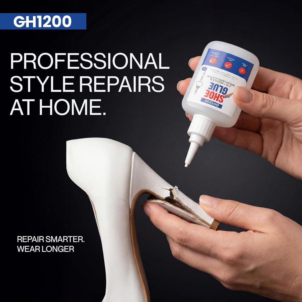 GH1200 (2-IN-1) Shoe Glue Sole Repair Waterproof with Brush Applicator and Nozzle - Clear Drying & Strong Shoe Repair Superglue for shoes - Non-Stiff Repairs, Fixes Sneakers, High Heels, Crocs & More