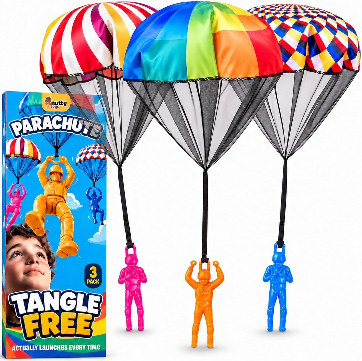 NUTTY TOYS Parachute Toys for Kids - Tangle Free Outdoor Flying Parachute Men, Top Indoor & Outside, 3 4 5 6 7 8 9 10 11 12 Year Old, Best Christmas Stocking Stuffers Idea 2026 Unique Boy & Girl Gifts
