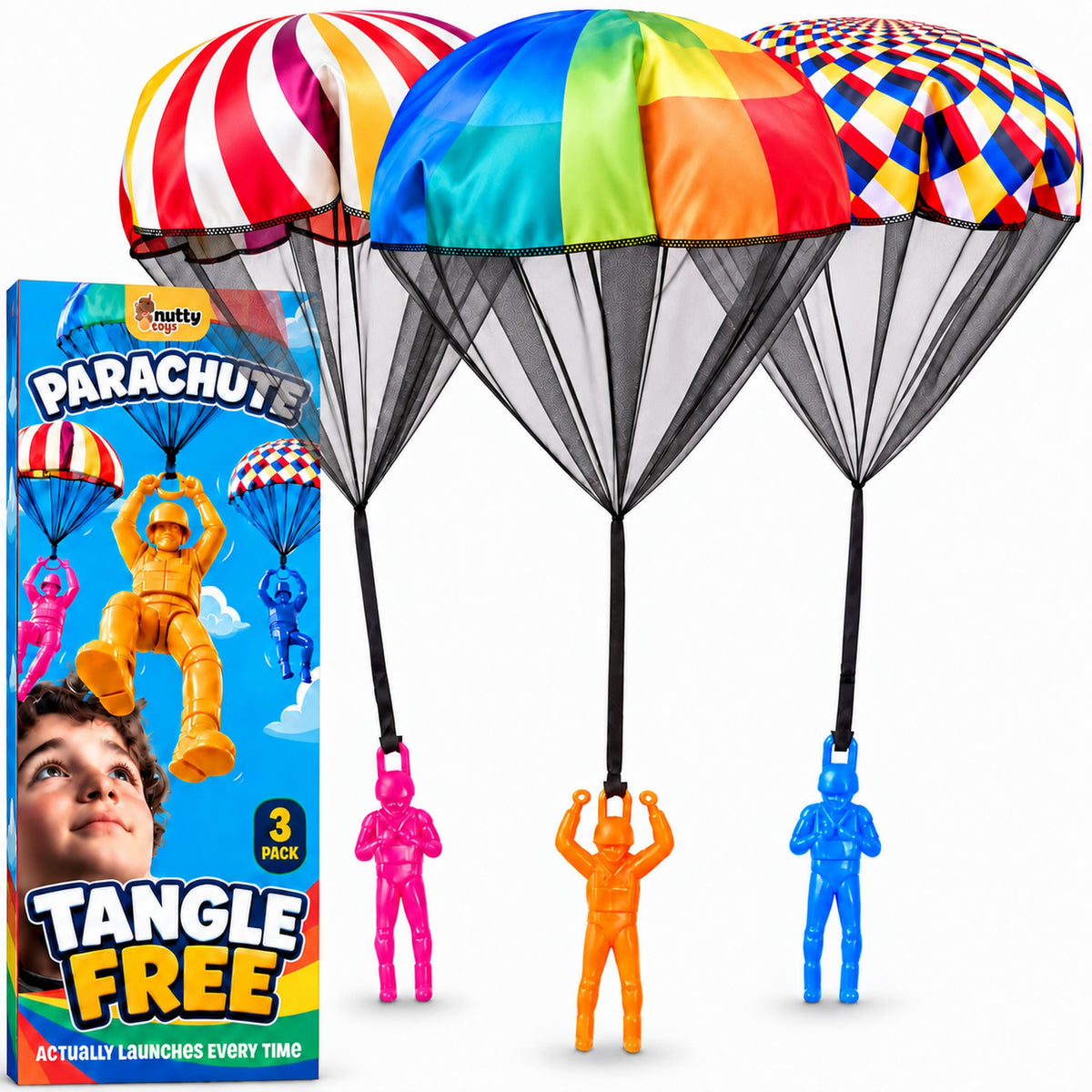 NUTTY TOYS Parachute Toys for Kids - Tangle Free Outdoor Flying Parachute Men, Top Indoor & Outside, 3 4 5 6 7 8 9 10 11 12 Year Old, Best Christmas Stocking Stuffers Idea 2026 Unique Boy & Girl Gifts