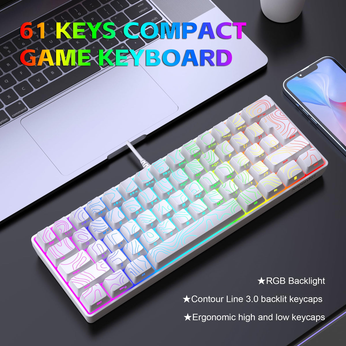 Snpurdiri 2.4G 60% Wireless Gaming Keyboard and Mouse Combo (White-Grey)