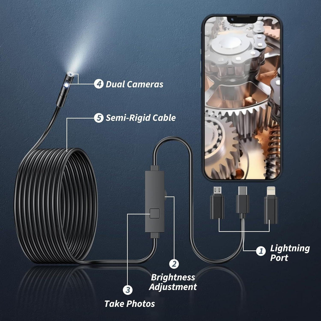 Endoscope Inspection Camera with Lights, 1920P HD Flexible Borescope Lens, 16.5ft Semi-Rigid Snake Cameras,IP67 Tube Sink Pipe Drain Overhaul, for Android, iPhone, iPad, Tools